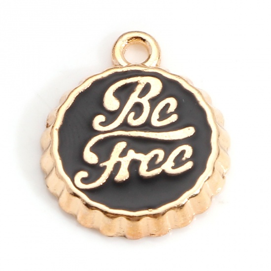 Immagine di Lega di Zinco Coperchio della Bottiglia Gioielli Charms Oro Placcato Nero Lettere " Be Free " Smalto 15mm x 13mm , 10 Pz