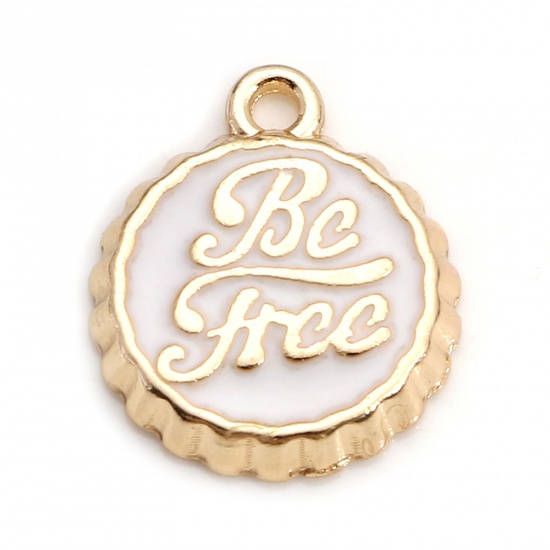 Immagine di Lega di Zinco Coperchio della Bottiglia Gioielli Charms Oro Placcato Bianco Lettere " Be Free " Smalto 15mm x 13mm , 10 Pz