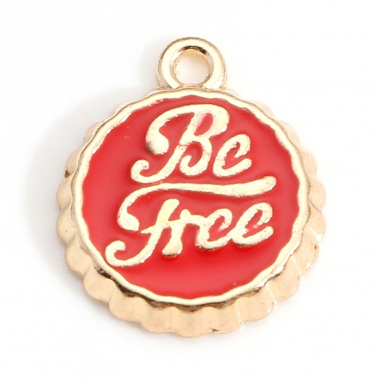 Immagine di Lega di Zinco Coperchio della Bottiglia Gioielli Charms Oro Placcato Rosso Lettere " Be Free " Smalto 15mm x 13mm , 10 Pz