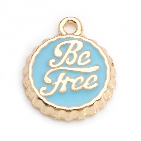 Immagine di Lega di Zinco Coperchio della Bottiglia Gioielli Charms Oro Placcato Blu Lettere " Be Free " Smalto 15mm x 13mm , 10 Pz