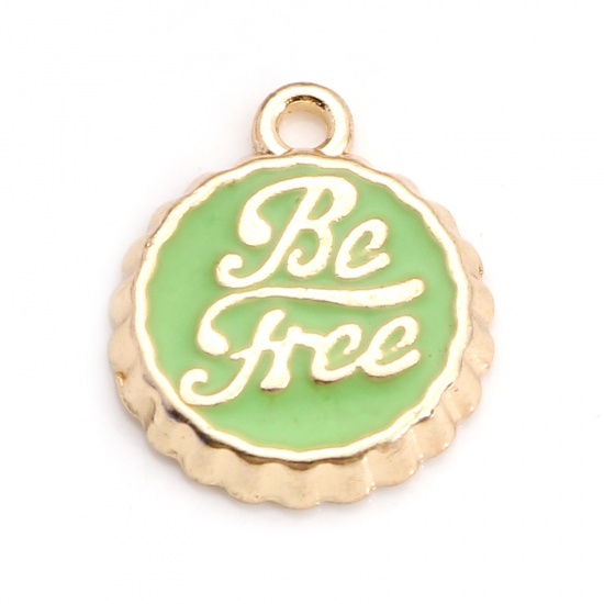 Immagine di Lega di Zinco Coperchio della Bottiglia Gioielli Charms Oro Placcato Verde Lettere " Be Free " Smalto 15mm x 13mm , 10 Pz