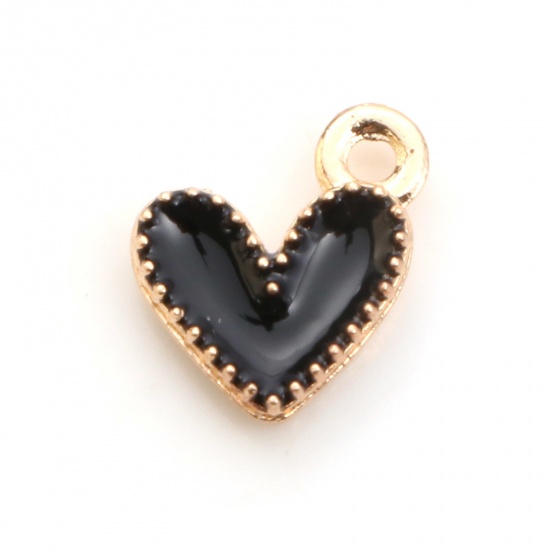 Picture of Zinc Based Alloy Valentine's Day Charms Gold Plated Black Heart Enamel 9mm x 8mm, 20 PCs