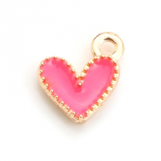 Picture of Zinc Based Alloy Valentine's Day Charms Gold Plated Fuchsia Heart Enamel 9mm x 8mm, 20 PCs