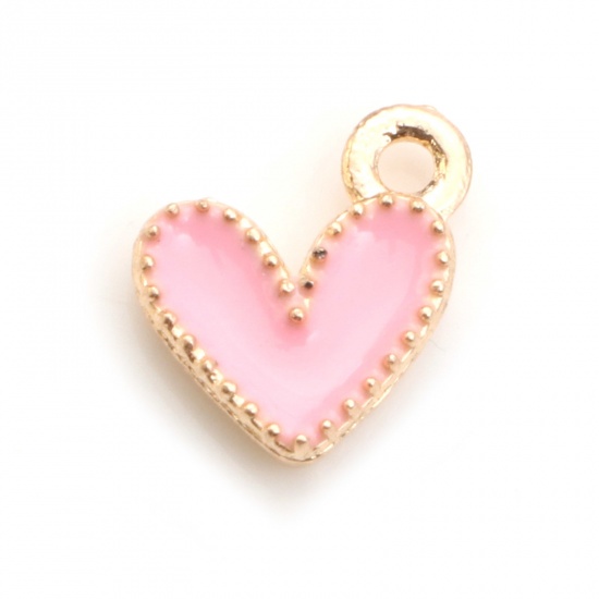 Picture of Zinc Based Alloy Valentine's Day Charms Gold Plated Pink Heart Enamel 9mm x 8mm, 20 PCs