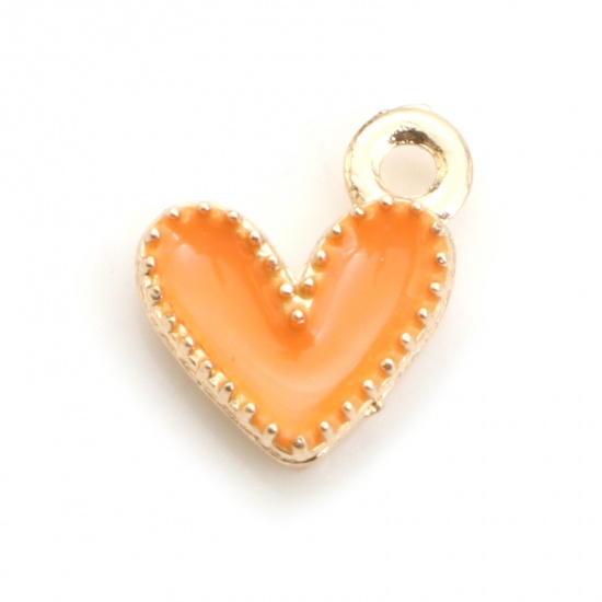 Picture of Zinc Based Alloy Valentine's Day Charms Gold Plated Orange Heart Enamel 9mm x 8mm, 20 PCs