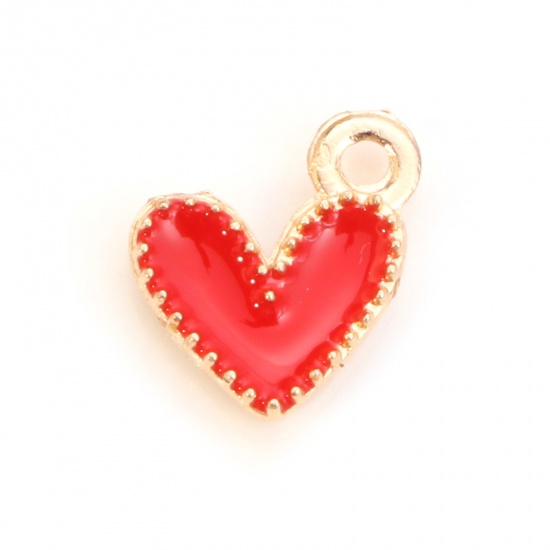Picture of Zinc Based Alloy Valentine's Day Charms Gold Plated Red Heart Enamel 9mm x 8mm, 20 PCs