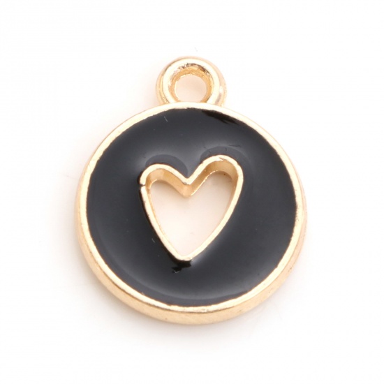 Bild von Zinklegierung, Valentinstag-Charms, vergoldet, schwarzes, rundes Herz, doppelseitig, Emaille, 14 mm x 12 mm, 10 Stück