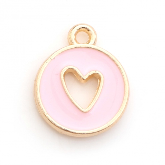 Bild von Zinklegierung, Valentinstag-Charms, vergoldet, hellrosa, rundes Herz, doppelseitig, Emaille, 14 mm x 12 mm, 10 Stück