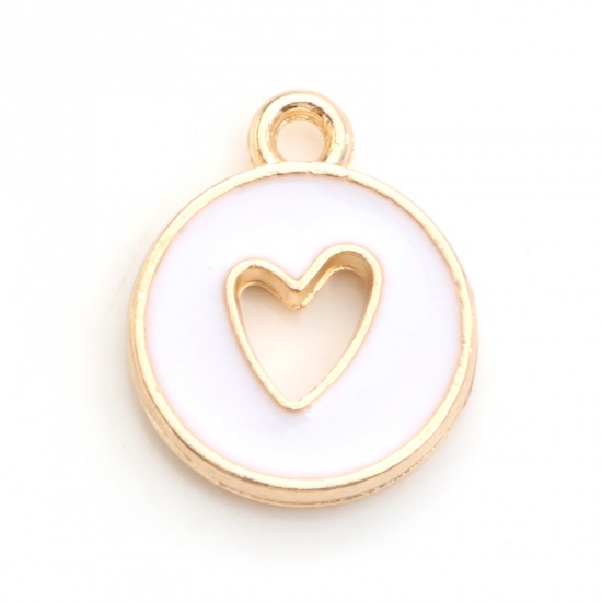 Bild von Zinklegierung, Valentinstag-Charms, vergoldet, weißes rundes Herz, doppelseitig, Emaille, 14 mm x 12 mm, 10 Stück