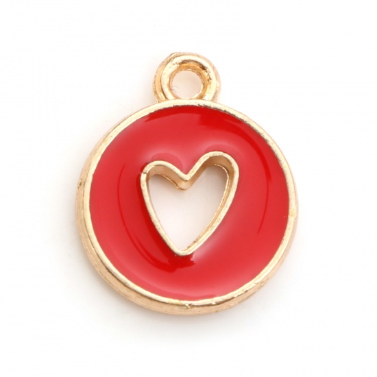 Bild von Zinklegierung, Valentinstag-Charms, vergoldet, rotes, rundes Herz, doppelseitig, Emaille, 14 mm x 12 mm, 10 Stück
