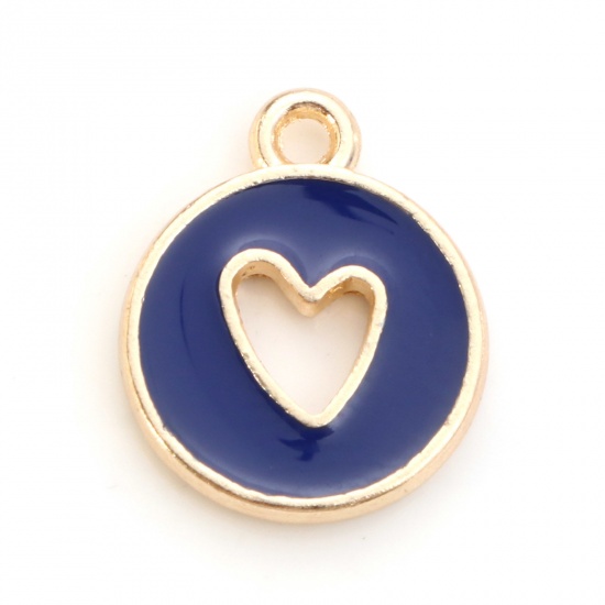Bild von Zinklegierung, Valentinstag-Charms, vergoldet, Königsblau, rundes Herz, doppelseitig, Emaille, 14 mm x 12 mm, 10 Stück