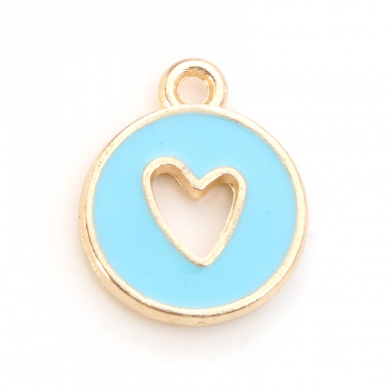 Bild von Zinklegierung, Valentinstag-Charms, vergoldet, blaues rundes Herz, doppelseitig, Emaille, 14 mm x 12 mm, 10 Stück
