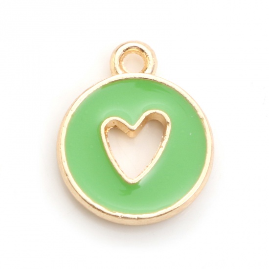 Bild von Zinklegierung, Valentinstag-Charms, vergoldet, Grasgrün, rundes Herz, doppelseitig, Emaille, 14 mm x 12 mm, 10 Stück