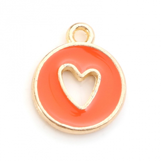 Bild von Zinklegierung, Valentinstag-Charms, vergoldet, orange, rundes Herz, doppelseitig, Emaille, 14 mm x 12 mm, 10 Stück