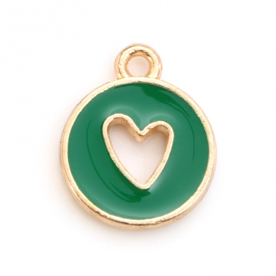 Bild von Zinklegierung, Valentinstag-Charms, vergoldet, grünes rundes Herz, doppelseitig, Emaille, 14 mm x 12 mm, 10 Stück
