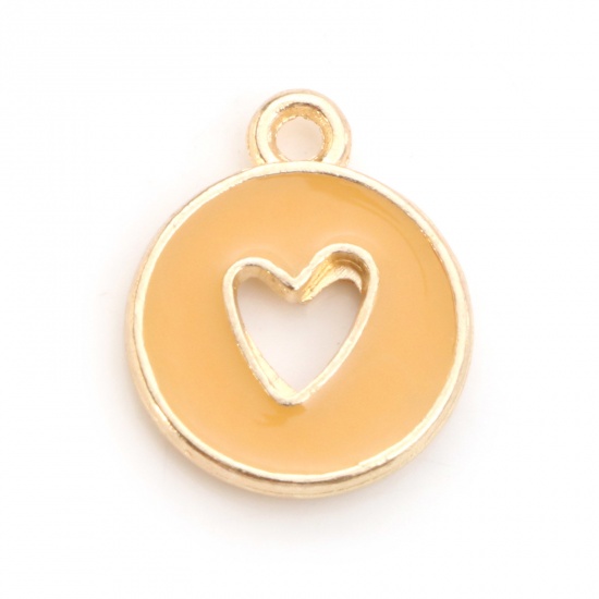 Bild von Zinklegierung, Valentinstag-Charms, vergoldet, Khaki, rundes Herz, doppelseitig, Emaille, 14 mm x 12 mm, 10 Stück