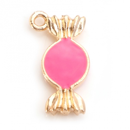 Picture of Zinc Based Alloy Charms Gold Plated Fuchsia Candy Double Sided Enamel 18mm x 10mm, 10 PCs