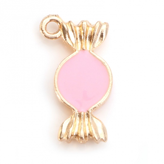 Picture of Zinc Based Alloy Charms Gold Plated Pink Candy Double Sided Enamel 18mm x 10mm, 10 PCs