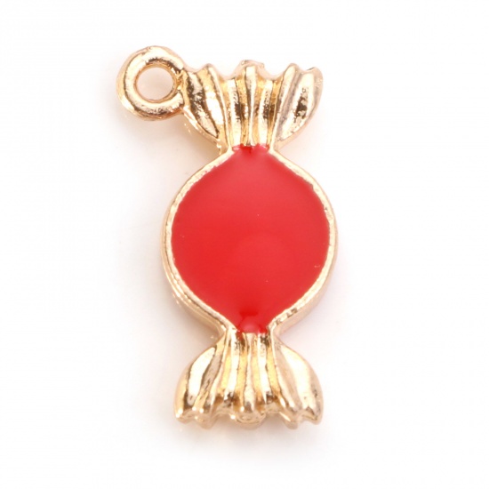 Picture of Zinc Based Alloy Charms Gold Plated Red Candy Double Sided Enamel 18mm x 10mm, 10 PCs