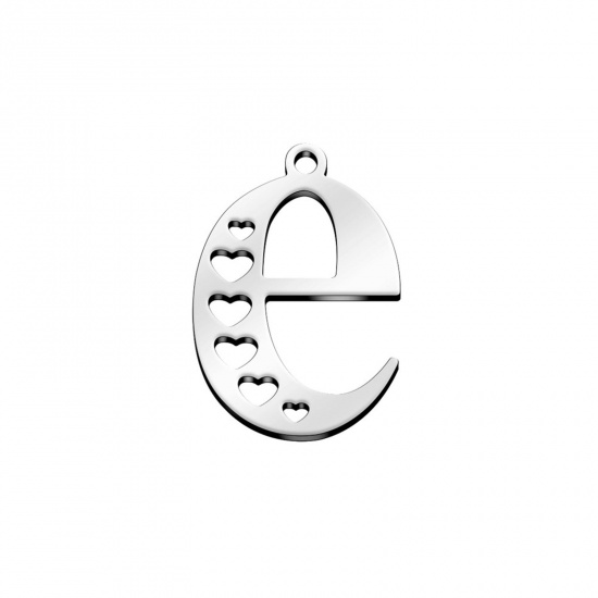 Bild von 304 Edelstahl Charms Kleinbuchstabe Silberfarbe Herz Message " E " Hohl 21mm x 15mm, 1 Stück