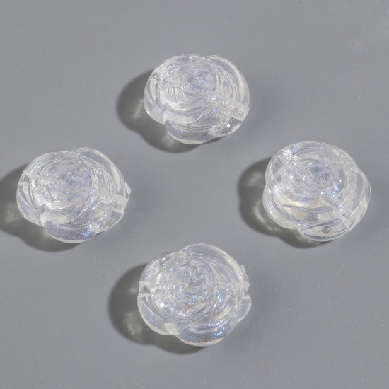 Picture of Acrylic Flora Collection Beads Transparent Clear AB Rainbow Color Rose Flower Glitter About 17mm x 16mm, Hole: Approx 2mm, 50 PCs