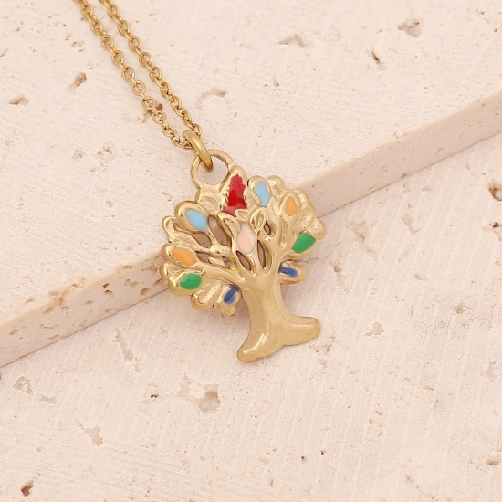 Picture of Stainless Steel Ins Style Necklace Gold Plated Multicolor Tree Enamel 40cm(15 6/8") long, 1 Piece