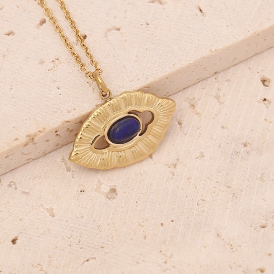 Picture of Stainless Steel Ins Style Necklace Gold Plated Royal Blue Eye Imitation Gemstones 40cm(15 6/8") long, 1 Piece