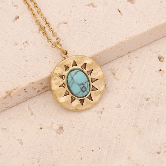 Picture of Stainless Steel Ins Style Necklace Gold Plated Blue Round Imitation Turquoise 40cm(15 6/8") long, 1 Piece