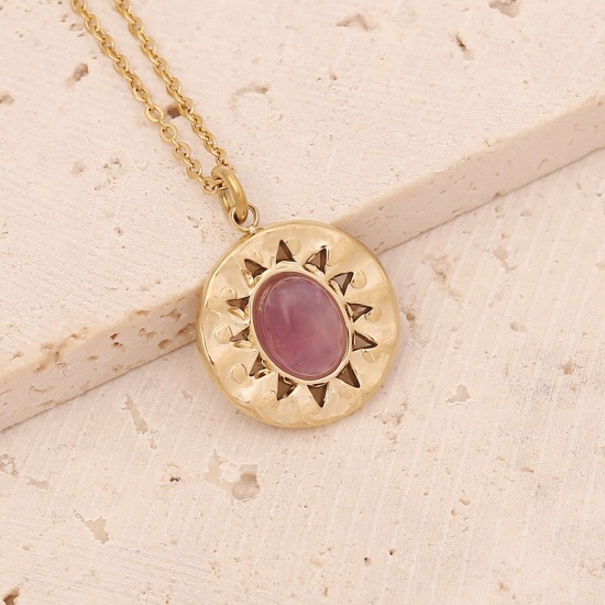 Picture of Stainless Steel Ins Style Necklace Gold Plated Mauve Round Imitation Gemstones 40cm(15 6/8") long, 1 Piece