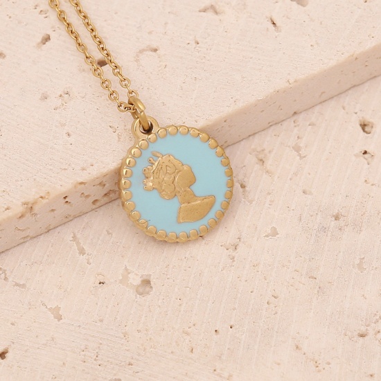 Picture of Stainless Steel Ins Style Necklace Gold Plated Light Blue Round Queen Enamel 40cm(15 6/8") long, 1 Piece