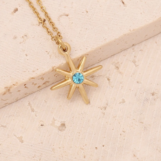 Picture of Stainless Steel Ins Style Necklace Gold Plated Star Light Blue Rhinestone 40cm(15 6/8") long, 1 Piece