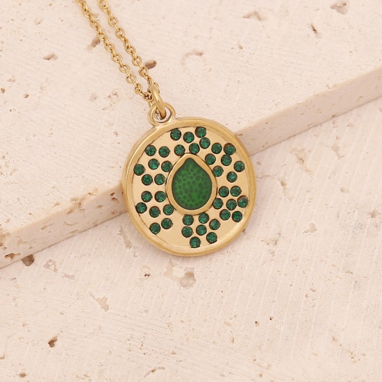 Picture of Stainless Steel Ins Style Necklace Gold Plated Round Drop Green Rhinestone 40cm(15 6/8") long, 1 Piece
