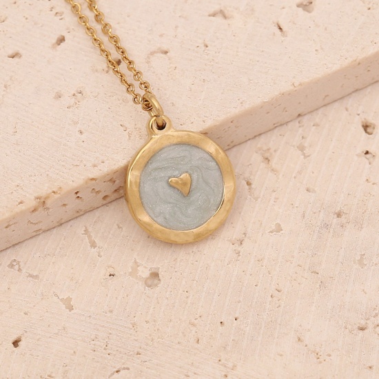 Picture of Stainless Steel Ins Style Necklace Gold Plated White Round Heart Enamel 40cm(15 6/8") long, 1 Piece
