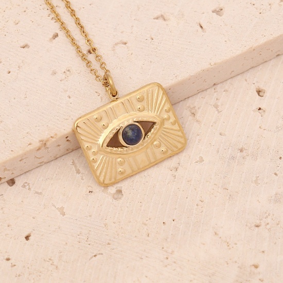 Picture of Stainless Steel Ins Style Necklace Gold Plated Rectangle Eye Blue Rhinestone 40cm(15 6/8") long, 1 Piece