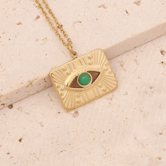Picture of Stainless Steel Ins Style Necklace Gold Plated Rectangle Eye Green Rhinestone 40cm(15 6/8") long, 1 Piece