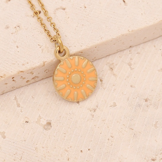 Picture of Stainless Steel Ins Style Necklace Gold Plated Orange Round Sun Enamel 40cm(15 6/8") long, 1 Piece