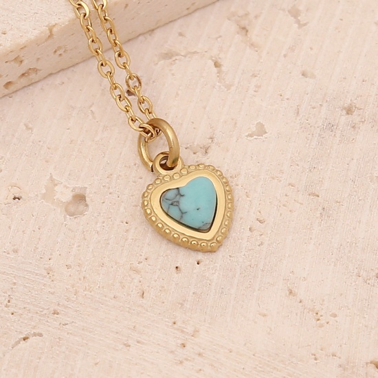 Picture of Stainless Steel Ins Style Necklace Gold Plated Blue Heart Imitation Turquoise 40cm(15 6/8") long, 1 Piece