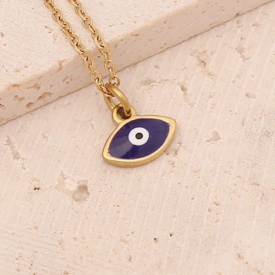 Picture of Stainless Steel Ins Style Necklace Gold Plated Royal Blue Evil Eye Enamel 40cm(15 6/8") long, 1 Piece