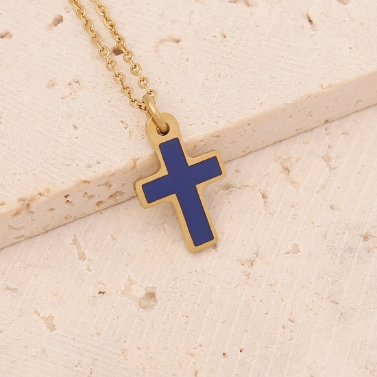 Picture of Stainless Steel Religious Necklace Gold Plated Blue Cross Enamel 40cm(15 6/8") long, 1 Piece