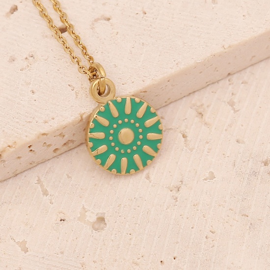 Picture of Stainless Steel Ins Style Necklace Gold Plated Green Round Sun Enamel 40cm(15 6/8") long, 1 Piece