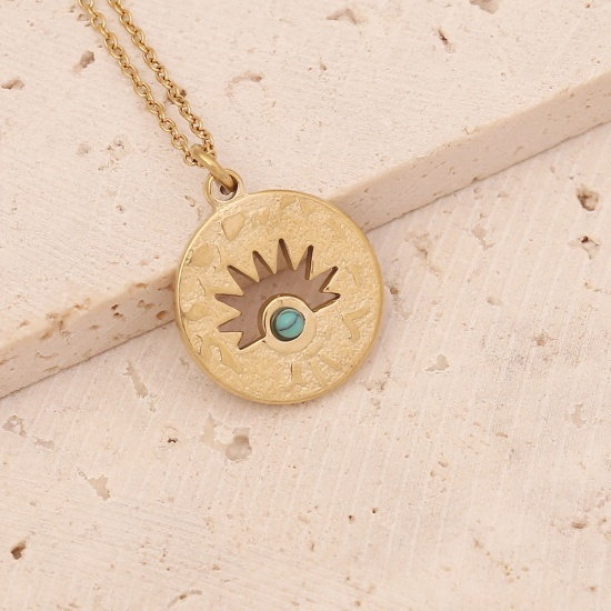 Picture of Stainless Steel Ins Style Necklace Gold Plated Blue Round Sun Hollow 40cm(15 6/8") long, 1 Piece