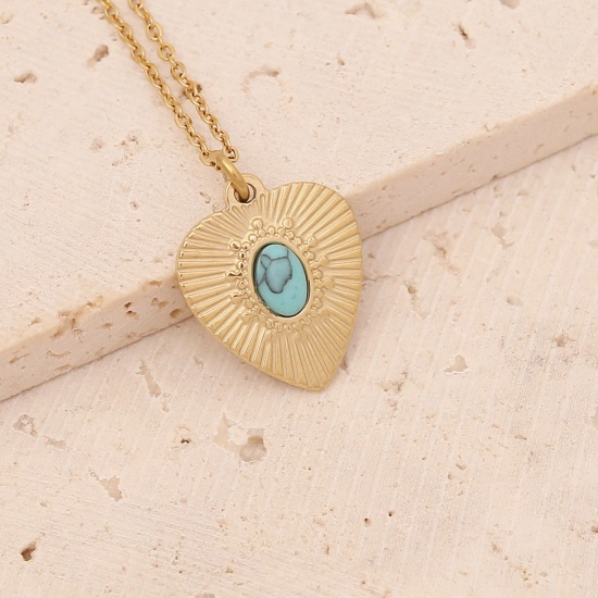 Picture of Stainless Steel Ins Style Necklace Gold Plated Blue Heart Sun Rays Imitation Turquoise 40cm(15 6/8") long, 1 Piece