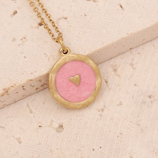 Picture of Stainless Steel Ins Style Necklace Gold Plated Pink Round Heart Enamel 40cm(15 6/8") long, 1 Piece