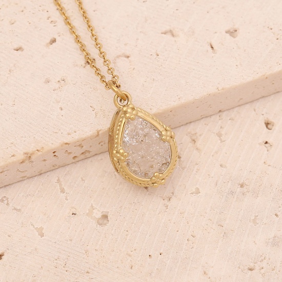 Picture of Stainless Steel Ins Style Necklace Gold Plated Drop Clear Rhinestone 40cm(15 6/8") long, 1 Piece
