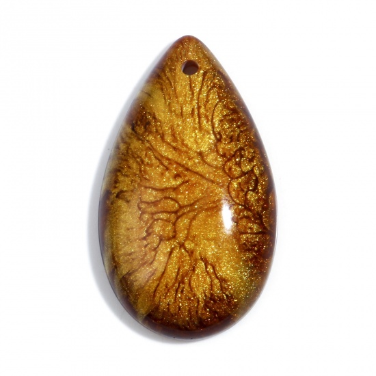 Picture of Resin Pendants Drop Yellow Pearlized Imitation Stone 4.5cm x 2.6cm, 2 PCs
