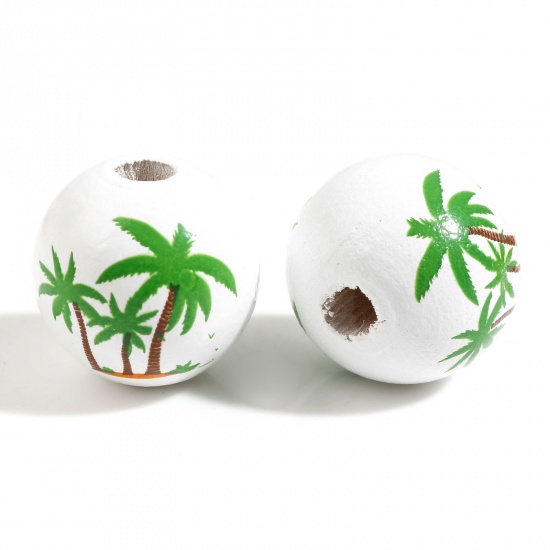 Picture of Wood Ocean Jewelry Spacer Beads Round White Coconut Palm Tree About 16mm Dia., 10 PCs