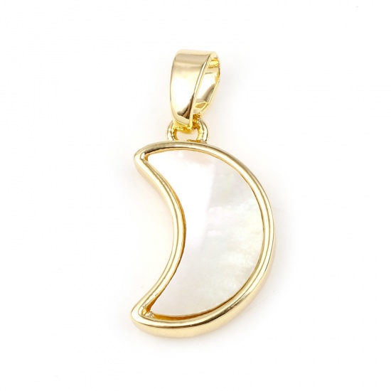 Picture of 1 Piece Shell & Brass Geometric Charm Pendant Gold Plated White Half Moon 20mm x 10mm