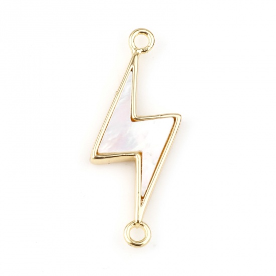 Picture of 1 Piece Shell & Brass Geometric Connectors Charms Pendants Gold Plated White Lightning 24mm x 9mm