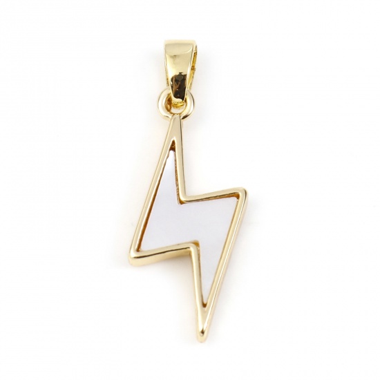 Picture of 1 Piece Shell & Brass Geometric Charm Pendant Gold Plated White Lightning 25mm x 9mm