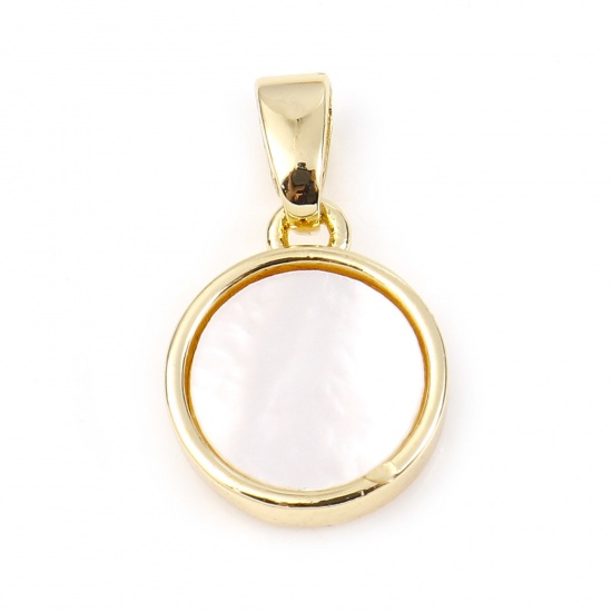 Picture of 1 Piece Shell & Brass Geometric Charm Pendant Gold Plated White Round 16mm x 10mm